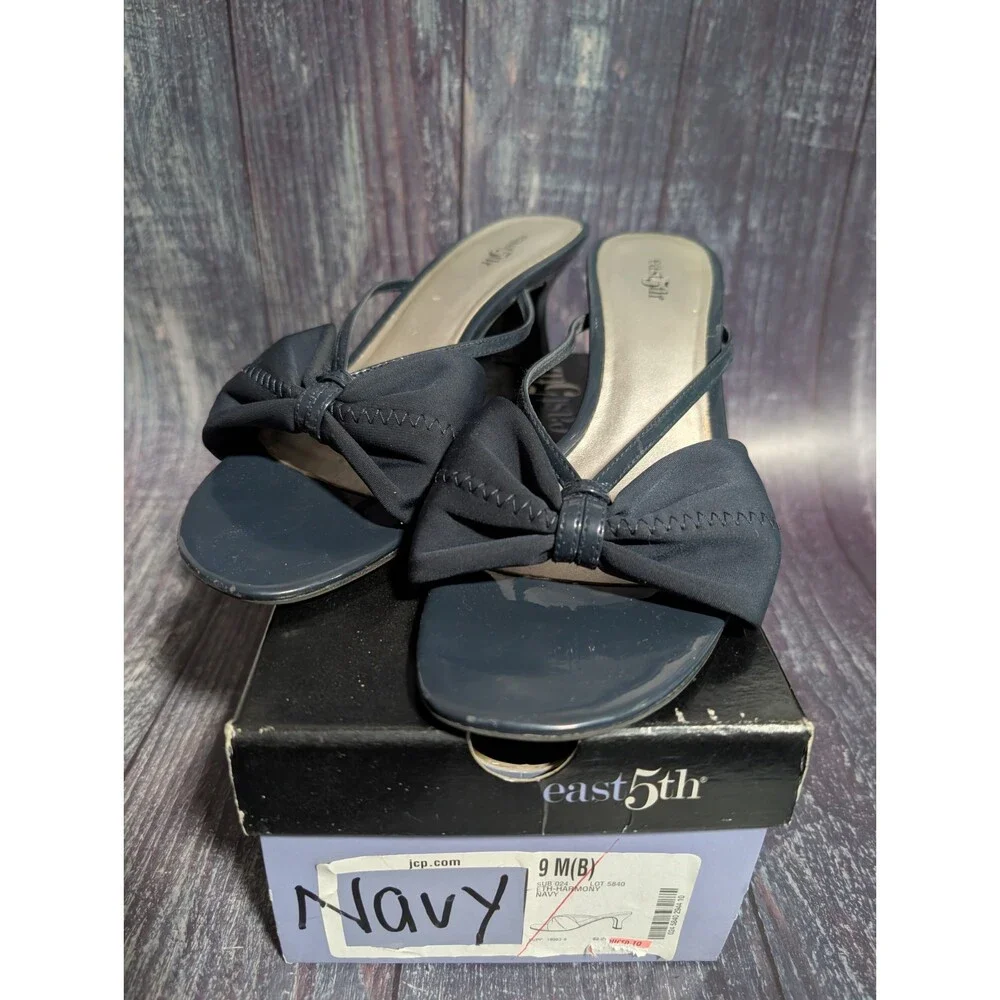 East 5th Navy Blue Strappy Fabric Bow Peep Toe Shoes Size 9M 2.5